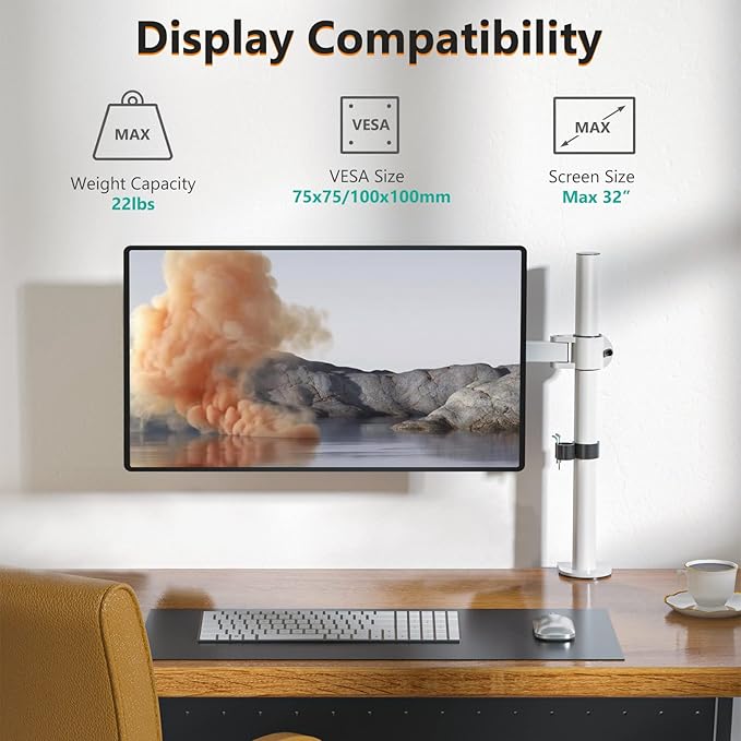 WALI Monitor Arm Mount for Desk, Single Computer Desk Mount, Monitor Bracket Mount Stand Single, up to 32 inch, 22 lbs (M001-W), White