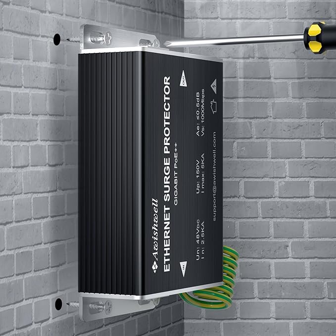 Ethernet Surge Protector Gigabit, Ethernet Lightning Arrestor PoE++ 802.3af/at/bt-RJ45 Lightning Suppressor-SPD with PTC/Gas Discharge Tube/Mounting Flange-1000Mbps,1Pack