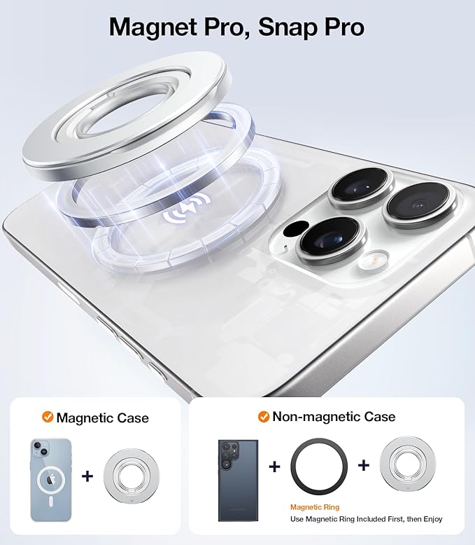 TORRAS 2025 Upgrade [Dual-Ring] Fit for MagSafe Phone Grip Ring Holder [Dual-Ring] Compatible with MagSafe Kickstand Magnetic for iPhone 16/15/14/13/12/11 Samsung, Google Accessories, Silver White