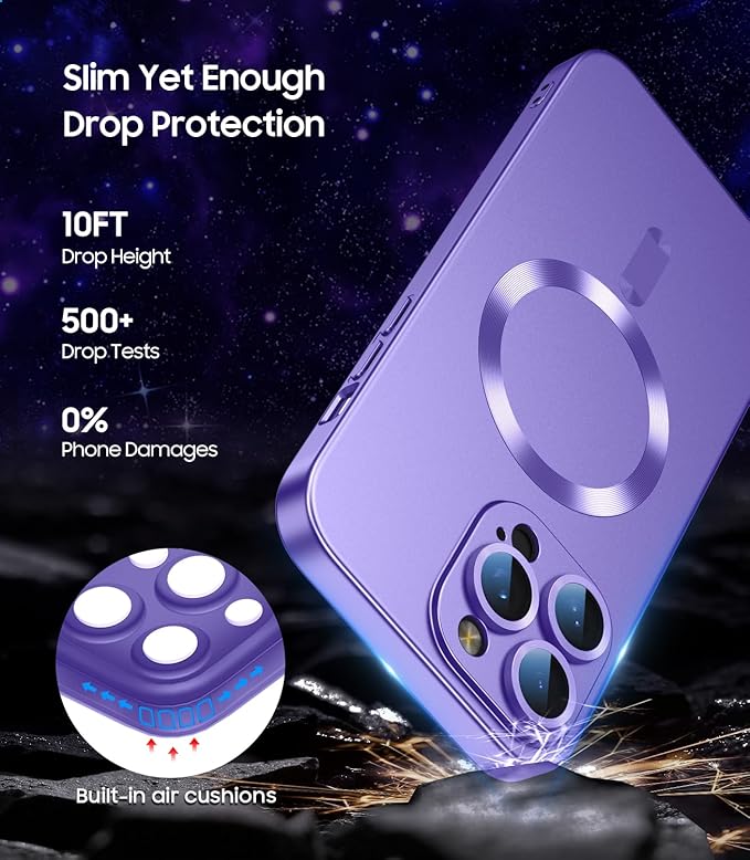 Magnetic for iPhone 14 Pro Max Case [Compatible with MagSafe][Built-in Camera Lens Protector] Slim Soft TPU Bumper Shockproof Metallic Luster Phone Case (Purple)