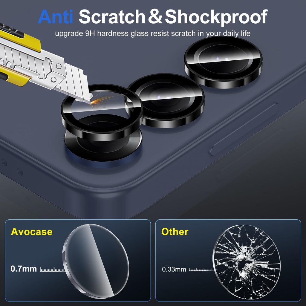 Avocase for Samsung Galaxy S25 Camera Lens Protector, Individual Metal Ring Tempered Glass Lens Cover, [Strong Adsorption] Scratch Resistant Ultra-Thin HD Clear Lens Cover, 1 Set-Black Ring