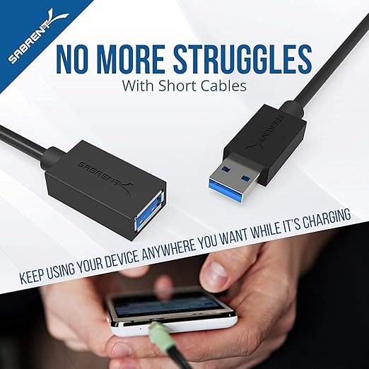 SABRENT 22AWG USB 3.0 Extension Cable A Male to A Female [Black] 6 Feet (CB-3060)