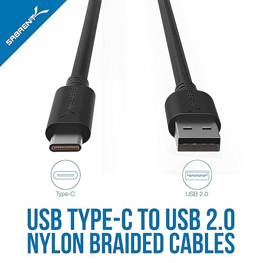 SABRENT [6-Pack 22AWG Premium 6ft USB-C to USB A 2.0 Sync and Charge Cables [Black] (CB-C6X6)