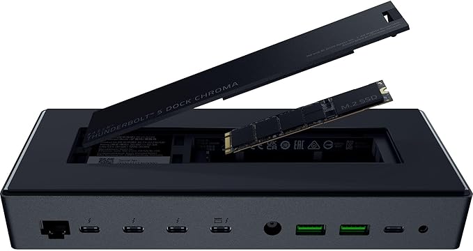 Razer Thunderbolt 5 Dock Chroma: 10 Ports w/M.2 Storage Slot - Triple 4K Displays at 144 Hz or Single 8K at 60 Hz - Thunderbolt Share Enabled - 140W Power Delivery - Connect 3 TB5 Devices - Black