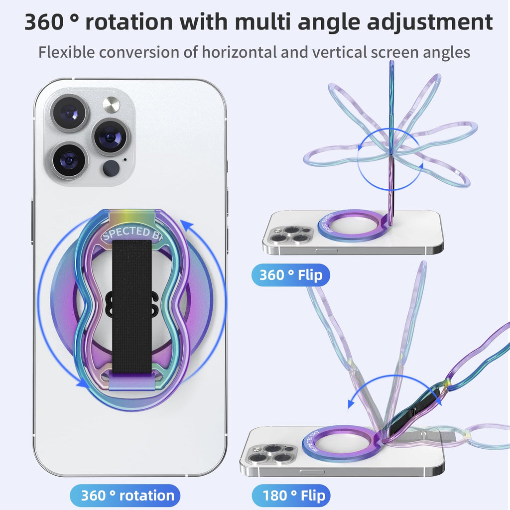 RESPECTED-BRO-Magnetic-Phone-Grip-Stand-with-Finger-Strap, 4-in-1 Magnetic Ring Holder, Kickstand and Elastic Strap for Phones, Universal Fit for iPhone 17/16/15/14/13/12, Android and Cases (Colorful)