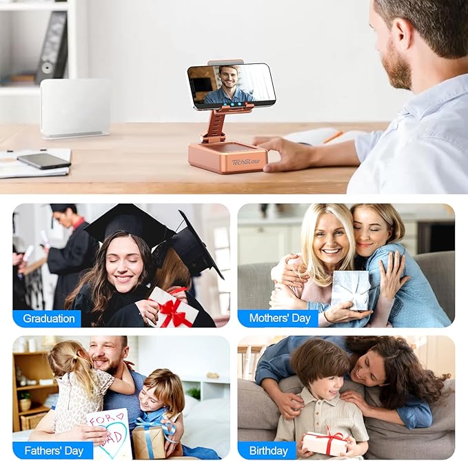 TechGlow Gifts for Men Women Foldable Cellphone Stand with Bluetooth Speaker and Power Bank Birthday Gift Idea for Mom Dad Cool Gadget Tech Gifts-Rose Gold