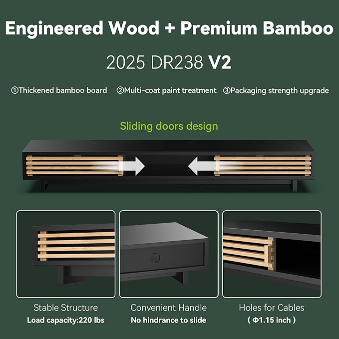 Dual Monitor Stand Riser with Sliding Door, Double Computer Laptop Stand Desk Shelf Organizer with Storage (Black + Natural Bamboo, 38 Inch)