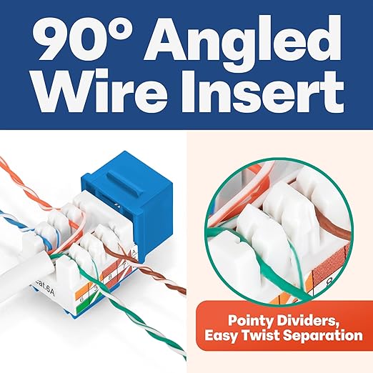 Everest 90° Angled RJ45 Cat6A Keystone Jacks 20-Pack in Blue - Slim Profile Female RJ45 Connectors - Cat 6A Keystone Jack - Compatible with 90° Angled Speed Termination Tool - easyJACK (B094WB91H3)