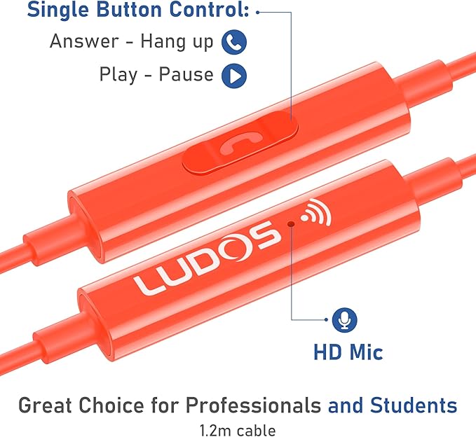 LUDOS OMNITONE USB C Headphones for iPhone 16 15 Pro Max Plus iPad Pro, 5 Years Warranty, USB-C Earbuds for Galaxy S24 S23 Ultra S22 S21 S20 A55 A54 A53, USB Type C Earphones - Coral