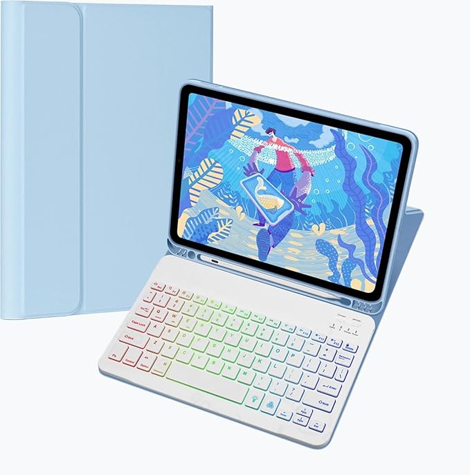 Keyboard Case for Galaxy Tab S6 Lite 10.4 Inch 2024/2022/2020, Slim Lightweight 7 Color Rainbow Backlight Detachable Magnetic Bluetooth Keyboard Cover with S Pen Holder,Sky Blue