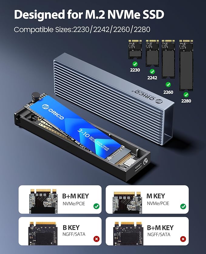 ORICO M.2 NVMe SSD Enclosure Aluminum Tool-Free Adapter, 10Gbps USB3.2 USB-C M2 Reader for M.2 PCIe NVMe M-Key 2230/2242/2260/2280 SSD, Thunderbolt 3 Compatible, External Case Support UASP Trim-BM2G2