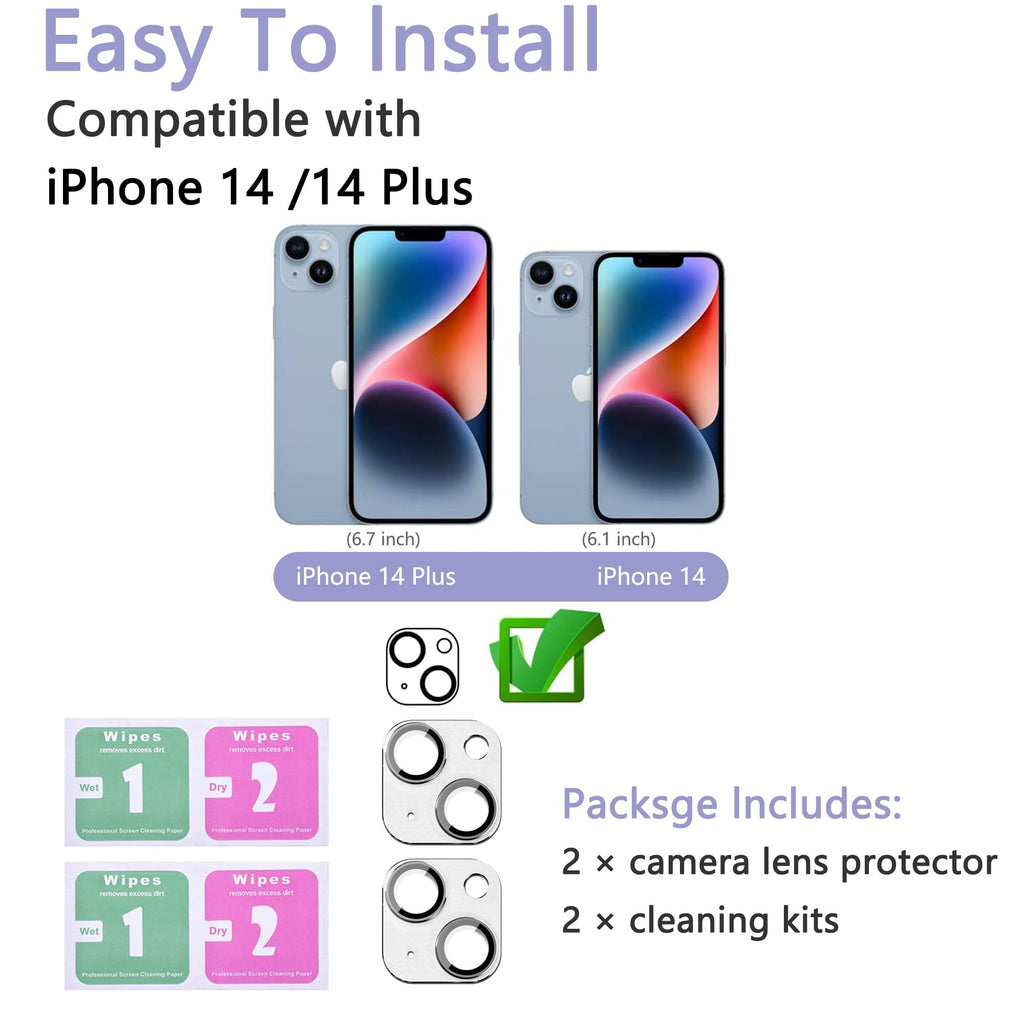 SHANG PIN JIA 2 Pack Camera Lens Protector for iPhone 14/14 Plus,[Not Easy to Breakn ] AR Tempered Glass Strong Adsorption Metal Camera Cover Screen-Silvery