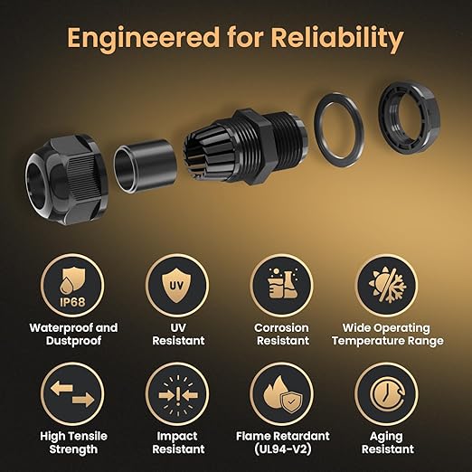 QILIPSU 50pcs M25L Long Thread Cable Gland Waterproof IP68 Nylon Strain Relief Cord Grip Cable Pass Through Wire Connector