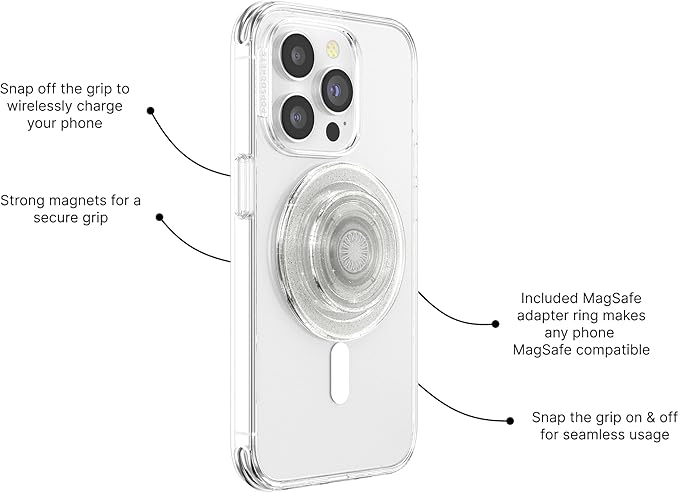 PopSockets Phone Grip for MagSafe with Kickstand, Magnetic Stand, Swappable Top, Secure Hold for iPhone MagSafe Cases, Phone & Tablet Grip, Cute PopSockets - Clear Glitter