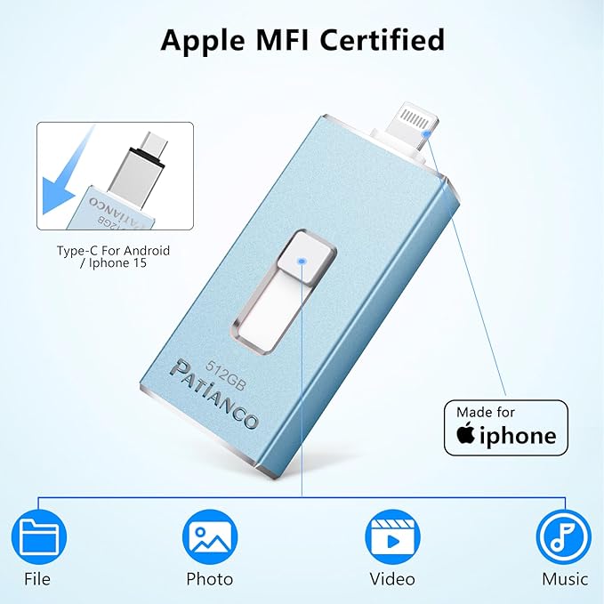 USB Flash Drive 256GB, Apple MFi Certified Photo Stick for iPhone Thumb Drive, iPhone-Memory-Stick for iPad/iPhone/Computer Picture Keeper Portable Hard Drive Blue