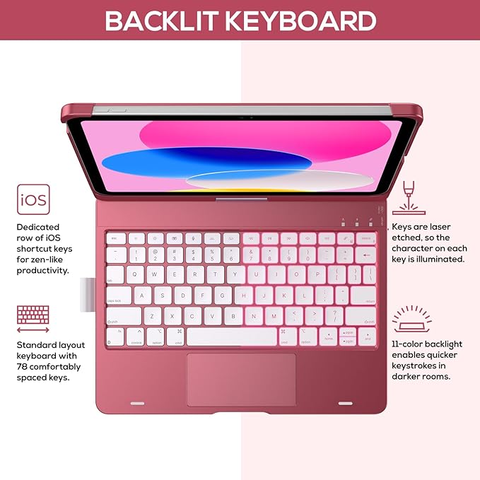 typecase Touch iPad 10th Generation Case with Keyboard (10.9", 2022) and iPad A16 (11th Gen, 2025) – 360° Rotatable, 11-Color Backlit, Multi-Touch Trackpad, Thin & Light (Pink)