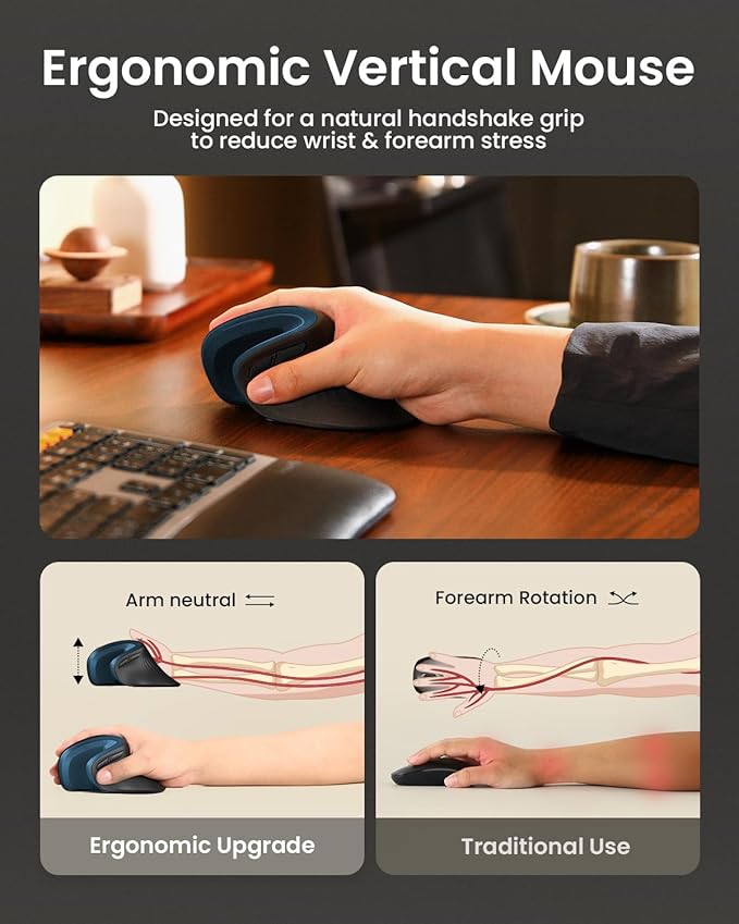 ProtoArc Ergonomic Vertical Mouse, EM11 NL Rechargeable Wireless Mouse Bluetooth, Ergo Mice with 3 Multi-Device for PC/Notebook/Laptop, 2.4GHz Optical Mice for Windows, Mac OS, Blue
