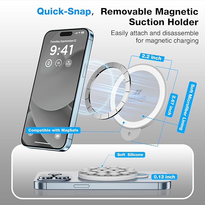 Magnetic Suction Cup Phone Mount for MagSafe Case, Silicone Hands-Free Grip Holder for iPhone and Android, Mirror Shower Phone Stand for Makeup FaceTime Gym Kitchen Bathroom, Light Gray