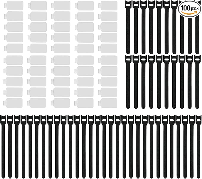 100 Pack Reusable Hook & Loop Cable Ties & Labels Kit - 50 Durable Cord/Wire Tags + 50 Self-Gripping Straps for Electronics Organizing, Home Office Cord Management (White & Black)