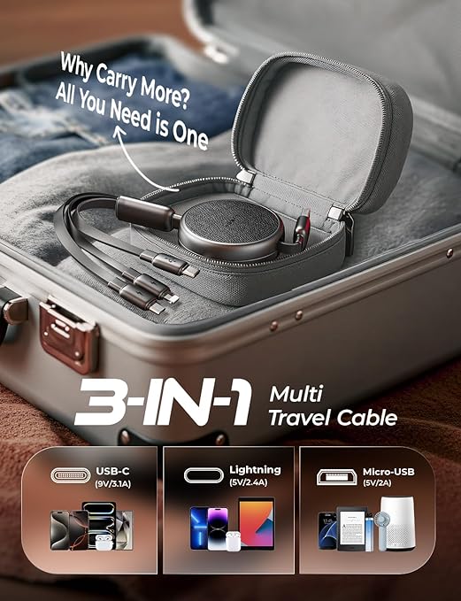 LISEN Multi Charging Cable, 3 in 1 Charging Cable, Retractable Car Charger with Type C/L/Micro USB Ports for iPhone 16 15 14 Pro Max/Samsung Galaxy S25/PS/Kindle, Multi Chargers for All Devices