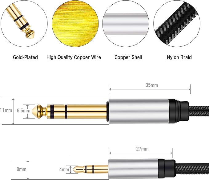 3.5 mm to 6.35 mm Audio Cable 15Ft, Gold-Plated Terminal Silver Color Zinc Alloy Housing 3.5mm 1/8" Male TRS to 6.35mm 1/4" Male TRS Nylon Braided Stereo Audio Cable for Cellphone, Amplifiers(15Ft/5M)