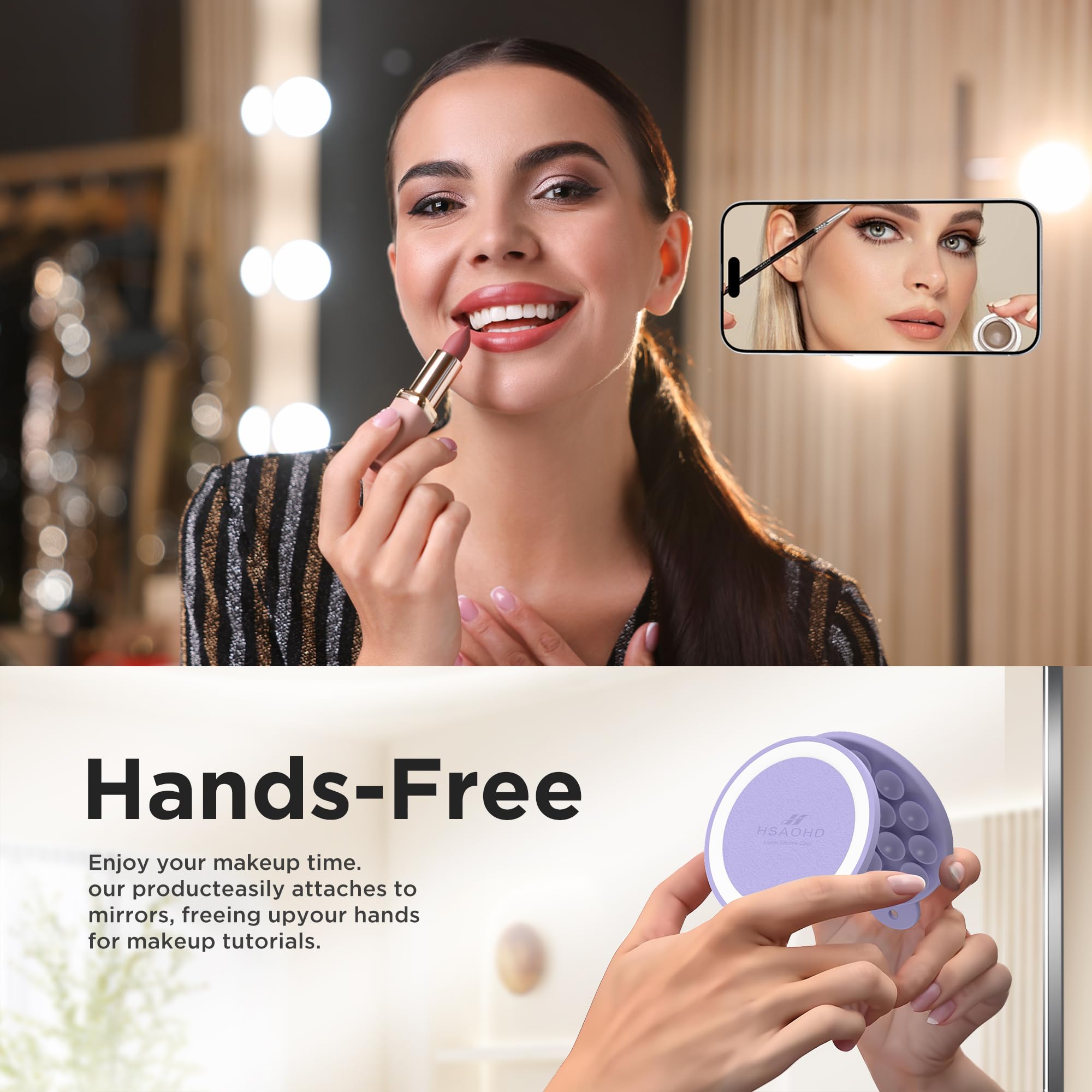 HSAOHD Magnetic Suction Cup Phone Mount with MagSafe, Silicone Hands-Free Grip Holder for iPhone Case and Android, Mirror Shower Phone Stand for Makeup FaceTime Gym Kitchen Bathroom, Lilac Purple