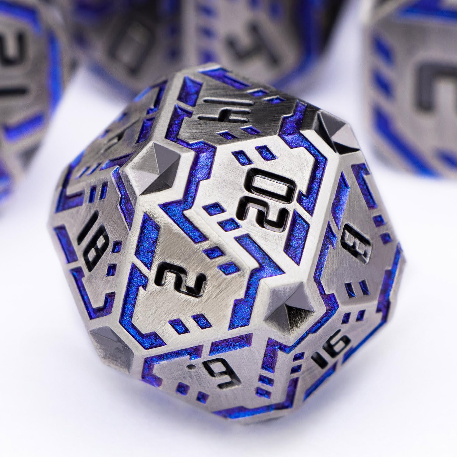 OGCOPHEN Metal DND Sci-fi Dice Set 7PCS Stripe Polyhedral Dice for Dungeons Dragons RPG Role Playing Game, Glitter D and D Dice with Gift Box D6 D8 D10 D12 D20 (Blue Purple&Grey)