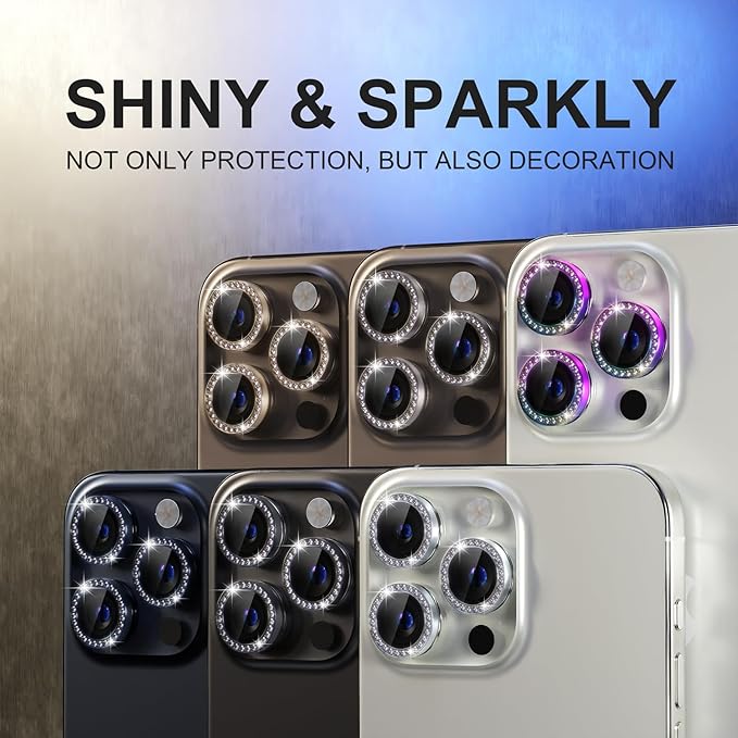 Choiche Compatible for iPhone 15 Pro/iPhone 15 Pro Max Camera Lens Protector Bling, 9H Tempered Glass Camera Cover Screen Protector Metal Ring Decoration Accessories (Diamond-Colorful)