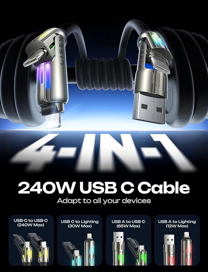 LISEN 240W USB-C Charge Cable, Soft USB C Cable, 4 in 1 Charging Cable (6.6FT) with Light, USB A/C to C/L Multi Charging Cable for iPhone 16 15 14 13 12 Pro Max, MacBook, iPad, Samsung, Black