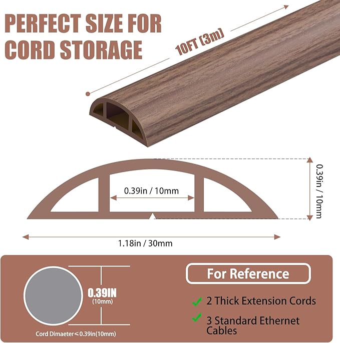 Floor Cord Covers for Wires 12FT Cable Hider Wire Cover Self Adhesive Cord Hider Floor for Offices, Homes, Workshops, Warehouses Cable Cavity 0.39" W x 0.27" H