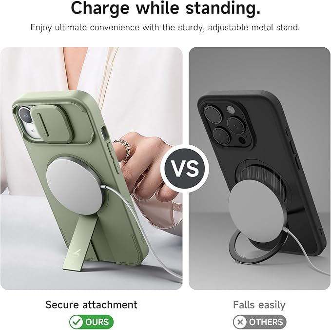 SURITCH for iPhone 15 Case with Magnetic Camera Slide Cover and Adjustable Kickstand, Compatible with MagSafe, Shockproof Bumper Case Slim Protective Cover 6.1 Inch, Green