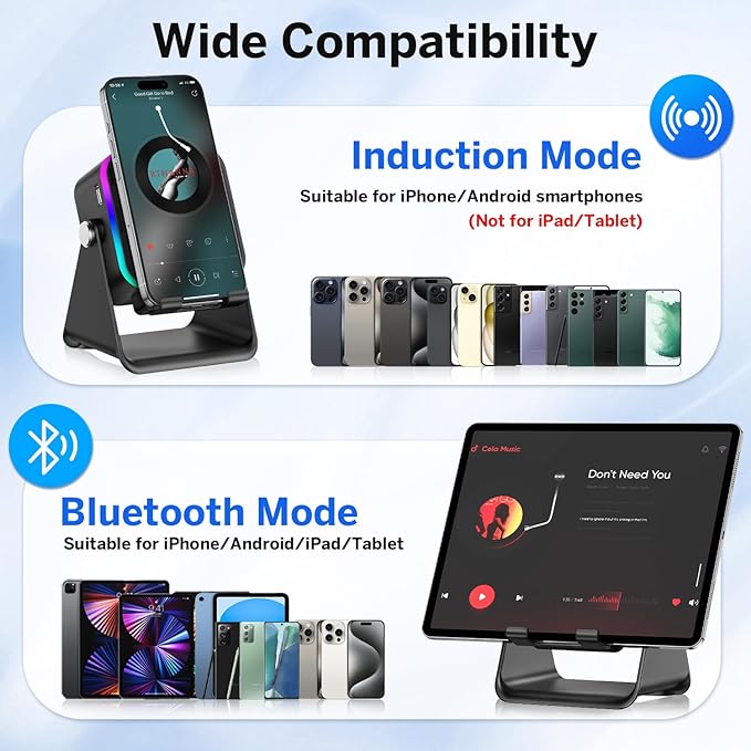 Wireless Induction Speaker 5-in-1 Bluetooth Speaker with Phone Stand,Stereo Sound, 3500mAh Rechargeable, 8 RGB Ambient Light, 360° Adjustable Holder for iPhone/Android/iPad,Gifts for Men Women (Black)