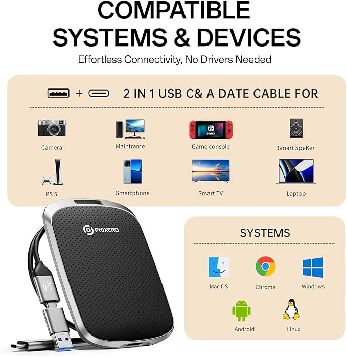 PHIXERO P5PLUS Portable SSD 4TB Up to 550MB/s, USB 3.2 Gen 2 External Solid State Drive，USB C to C&A for Smartphone，Tablet，PC，Labtop (Black)