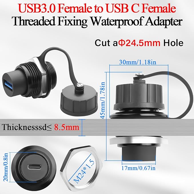 QIANRENON USB 3.0 to USB C Threaded Fixing Waterproof Adapter 5Gbps USB3.0 Female to USB Type C Female Feedthrough Bulkhead Mount Connector Receptacle 5V/1.5A, for Outdoor Data Transfer Charge