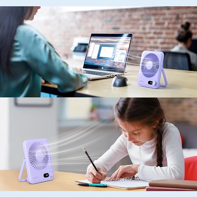 WHATOOK Small Desk Fan Personal Fans: 5000mah 25 Hours Battery Office Quiet Mini Desktop Fan Portable Rechargeable Travel Essentials (Purple, 2000)