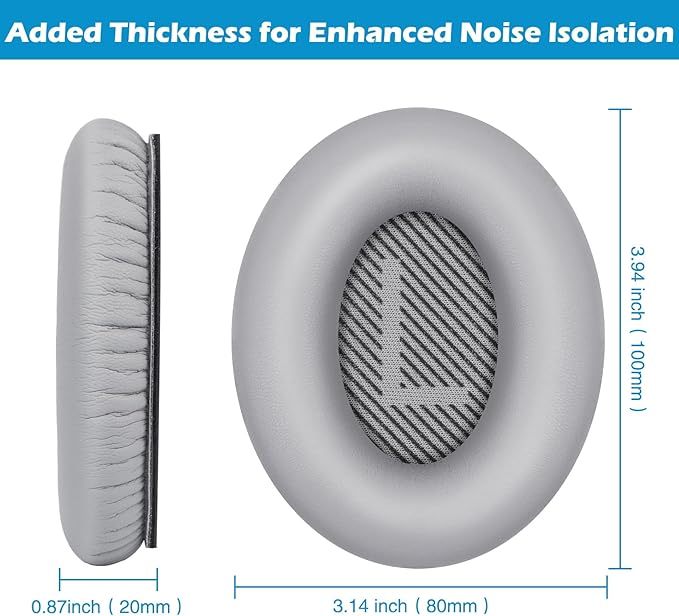 Ear Pads for Bose QuietComfort 35 ii, Premium Softer Leather Replacement Pads for Bose QC35 QC35ii Headphones Ear Pads Quiet Comfort, Noise Isolation Foam, Added Extra Thickness (Silver)