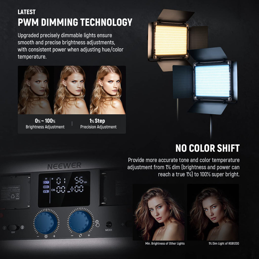 NEEWER RGB1200 RGB LED Video Light Panel with APP/2.4G Control, 60W Studio Photography Lighting 22000Lux@0.5m/1% Precise Min Dimming/360° Full Color/ CRI97+/TLCI98+/2500K-8500K/18 Effect with Barndoor