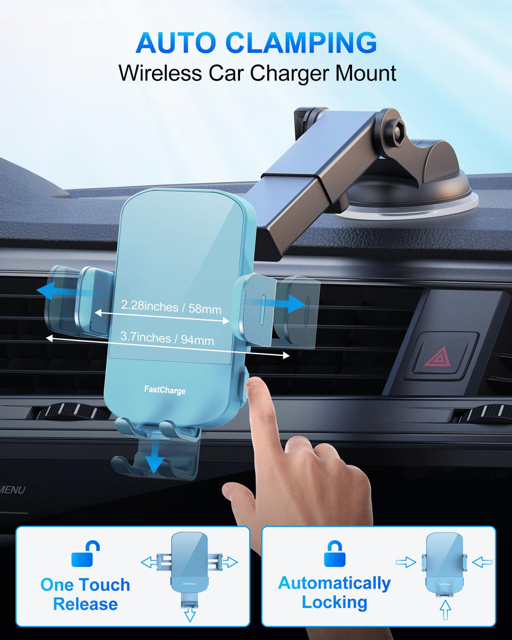 CHGeek Wireless Car Charger, 15W Fast Charging Auto Clamping Car Charger Phone Mount Phone Holder fit for iPhone 15 14 13 12 11 Pro Max Xs, Samsung Galaxy S24 Ultra S23 S22 S21, S20, S10+, Cyan