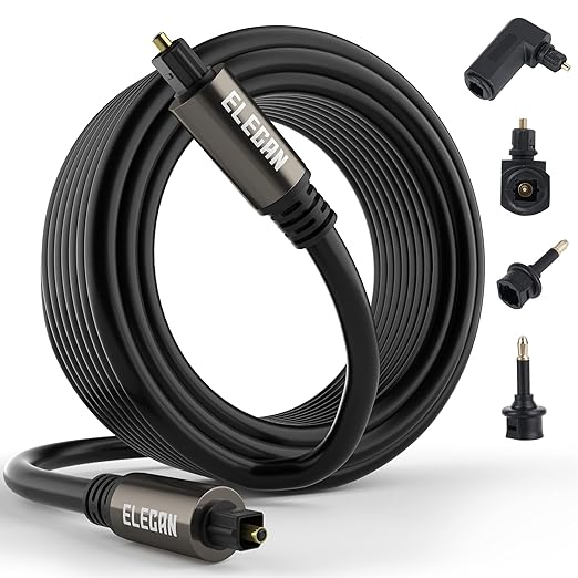 Elecan Optical Audio Cable 100 Ft Digital Audio Toslink Cable Cord-Fiber Optic-Gold Plated-Flexiable&Durable-for Home Theater,Sound Bar,PS4&Xbox-with 4 Right Angled and Mini Toslink Adapters+Ties
