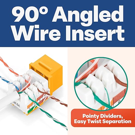 Everest 90° Angled RJ45 Cat6A Keystone Jacks 20-Pack in Yellow - Slim Profile Female RJ45 Connectors - Cat 6A Keystone Jack - Compatible with 90° Angled Speed Termination Tool - easyJACK (B094WB91H3)