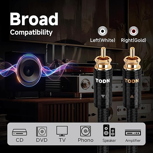 TODN RCA Cables Audiophile Male to Male HiFi RCA Stereo Audio Cable for Car, Home Systems (10 ft/3m, 1 Pair)