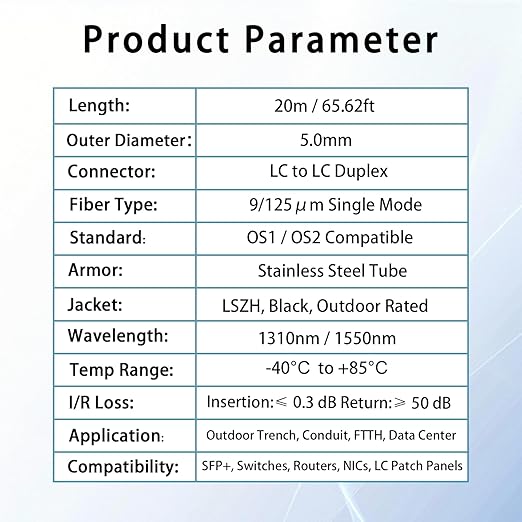 20M/66FT LC to LC Armored Outdoor Fiber Optic Cable, Single Mode Duplex 9/125μm SMF Fiber Patch Cord, OS1/OS2 Compatible, Black LSZH Jacket, Uniboot Jumper for FTTH, Data Center, Long-Distance Use
