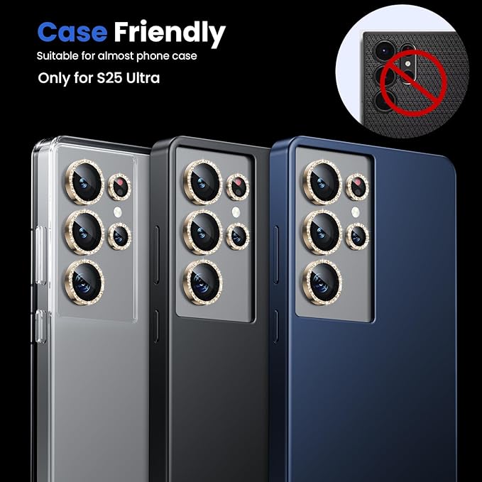 WSKEN for Samsung Galaxy S25 Ultra Camera Lens Protector - Ultra Thin Case Friendly, 9H Shatterproof Tempered Glass with Aluminum Metal Circle Camera Screen Protector Cover Accessories, Glitter Gold