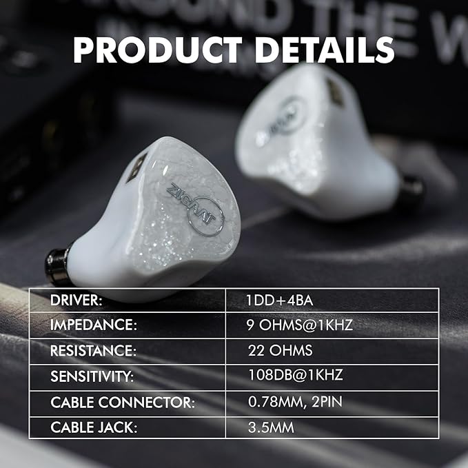 Linsoul ZiiGaat x Fresh Reviews Arete in Ear Monitor, 1DD+4BA Hybrid Earphone IEM, Wired Gaming Earbuds, Studio Monitor Tunning, with Detachable IEM Cable for Musician Audiophile (White)