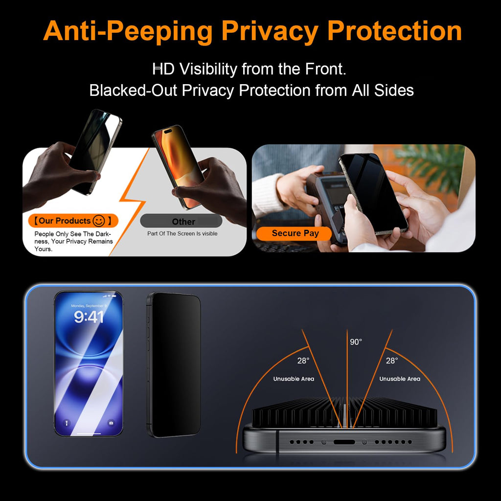 OneFish Screen Protector Privacy for iphone 16, Airbag Edge Protection, Anti Spy Private Tempered Glass Film with Installation Frame, 9H Scratch Resistant, Easy Installation, 2Pack
