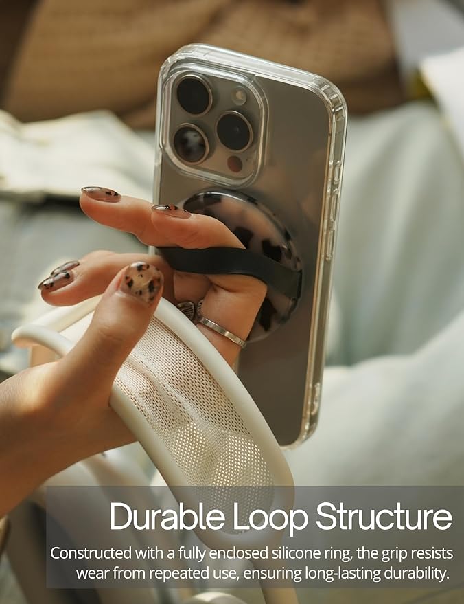 Heesch Tortoise Magnetic Phone Grip Loopy for Phone Case Ring Holder for iPhone Girly Finger Loop for Back of Phone Cute Mag Safe Grip Strap for Hand Removable MagSafe Accessories, Ivory Tortoise