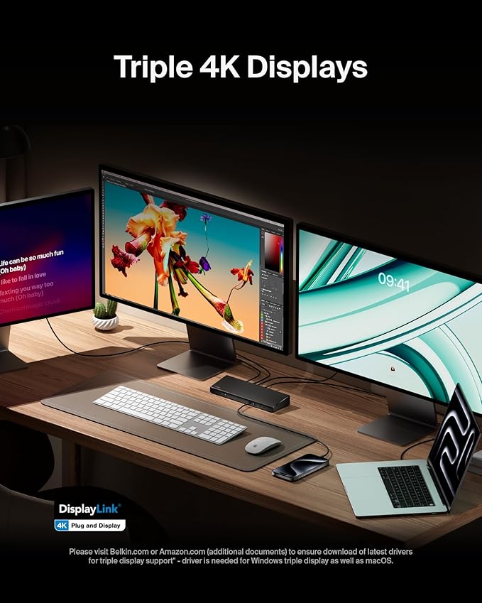 Belkin 15-in-1 Universal Triple Display DisplayLink Docking Station Hub w/ 3 HDMI Ports, 2 DisplayPorts for Triple 4K Display w/ 85W PD, Gigabit Ethernet, 3.5mm Mic/Speaker, 1 USB-C, & 5 USB-A Ports