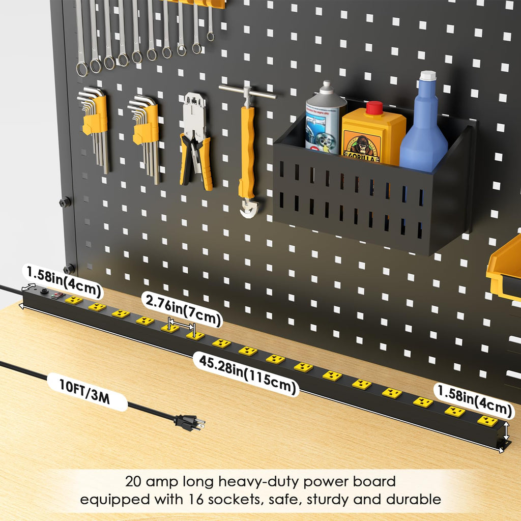 JUNNUJ Long Metal 16 Outlet Power Strip, Heavy Duty Power Strips Surge Protection 4800J with Circuit Breaker, 20a Wide Spaced Socket Wall Mount 5-15P Adapter High Amp 6-20R T-Slot 10FT Extension Cord