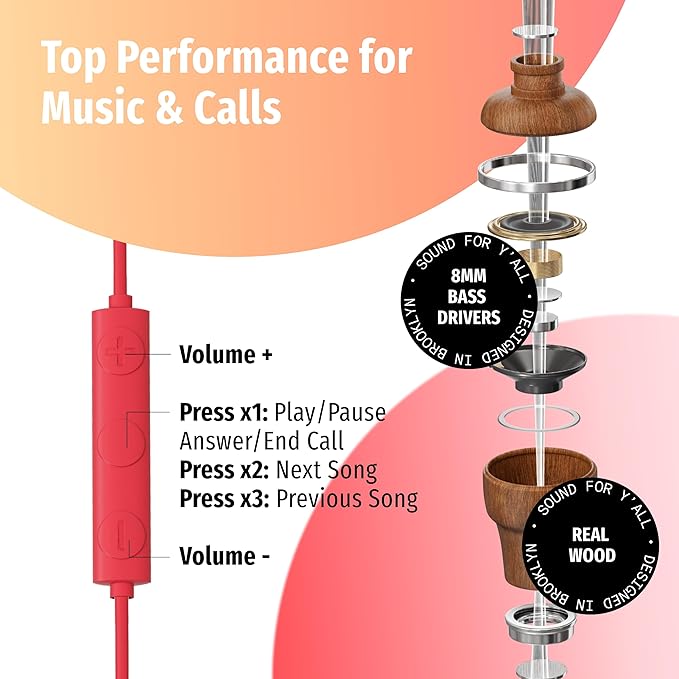 Symphonized Premium Wooden iPhone Earphones Wired (USB C) Deep Bass Sound, 3D Sound, Microphone Volume Control, 90% Noise Cancelling for Type C Devices. Earphones for iPhone 15 to 16 & Android