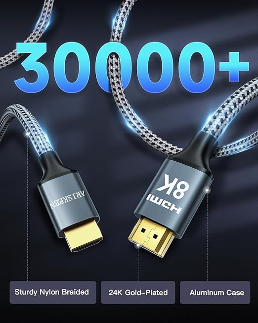 ARISKEEN 8K HDMI Cable 9 FT, 48Gbps High Speed HDMI 2.1 Cable, 8K 60Hz, 4K 120Hz 144Hz Braided HDMI Cord - 9 Feet